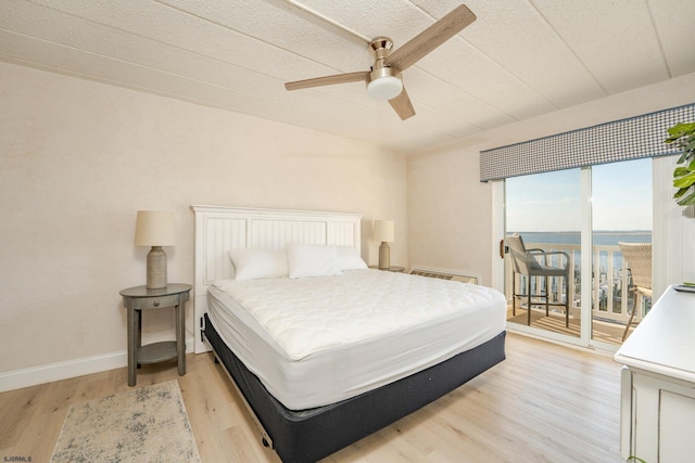 bedroom with baseboards, ceiling fan, light wood-style floors, and access to exterior