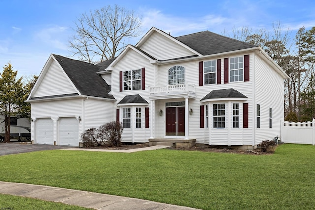 view of front of home with a garage, fence, driveway, roof with shingles, and a front lawn