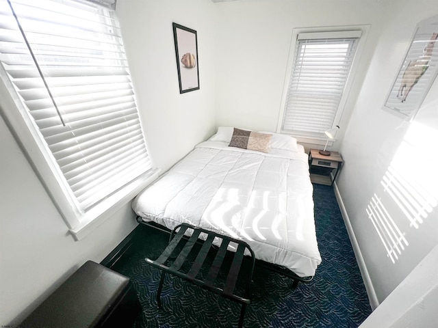 bedroom featuring carpet floors, multiple windows, and baseboards