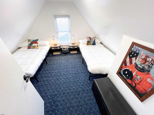 bedroom with carpet floors and lofted ceiling