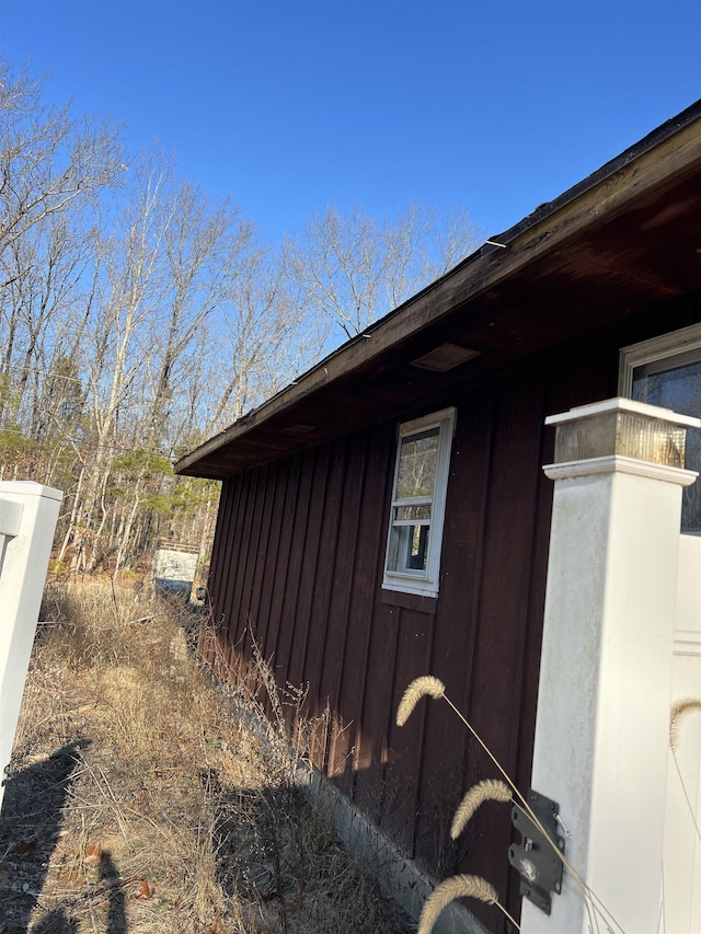 view of home's exterior with board and batten siding