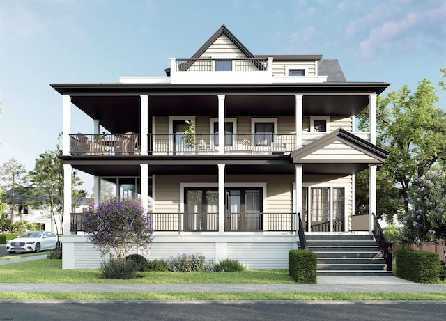 view of front facade with a porch and a balcony