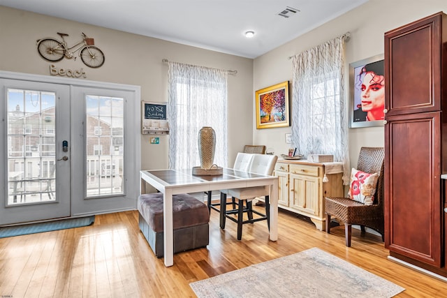 home office with french doors, visible vents, and light wood-style floors