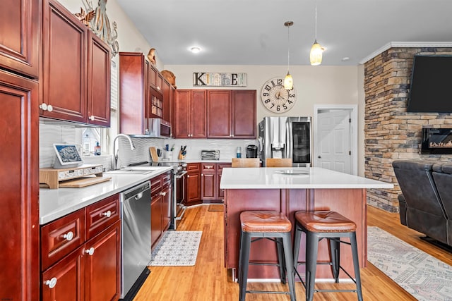 kitchen featuring reddish brown cabinets, stainless steel appliances, and a sink