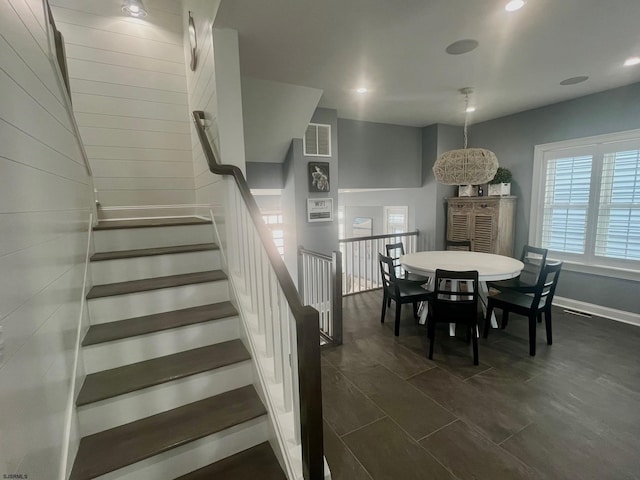 dining space featuring baseboards, stairs, visible vents, and recessed lighting