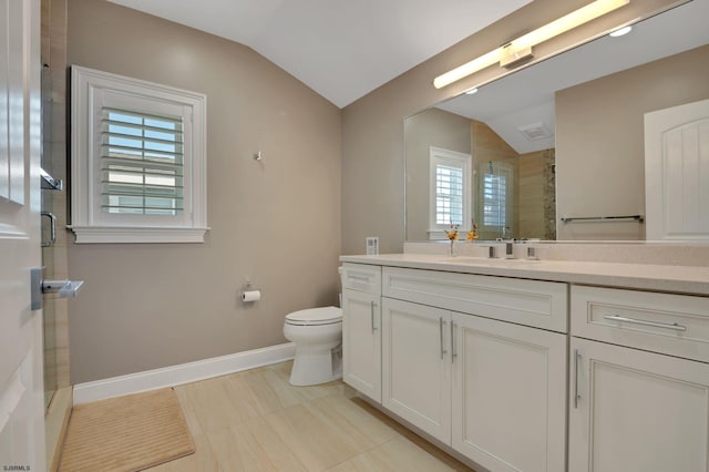 full bath with lofted ceiling, toilet, a shower stall, vanity, and baseboards