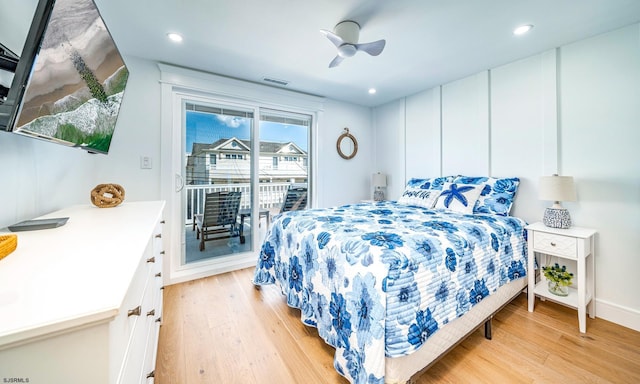 bedroom with visible vents, a ceiling fan, access to exterior, light wood-style floors, and recessed lighting