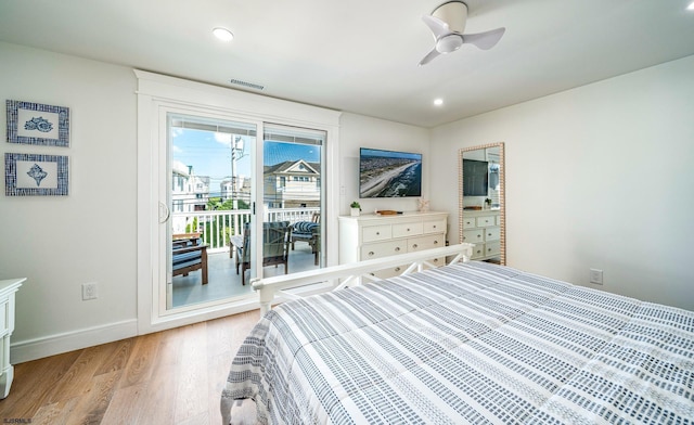 bedroom with light wood-style flooring, recessed lighting, visible vents, baseboards, and access to outside