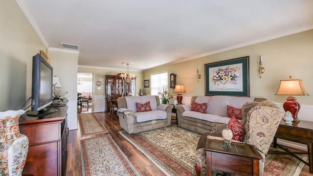 living room featuring an inviting chandelier, visible vents, dark wood-type flooring, and ornamental molding