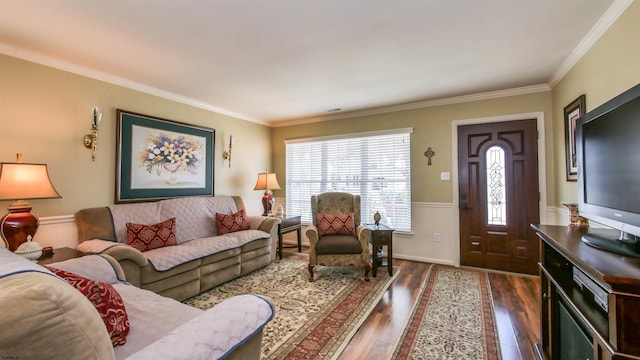 living room with crown molding, visible vents, and dark wood-style flooring