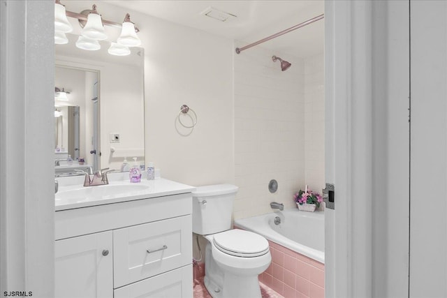 bathroom with toilet, bathtub / shower combination, visible vents, and vanity