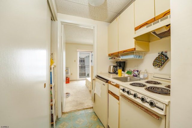 kitchen featuring light colored carpet, light countertops, a sink, white appliances, and under cabinet range hood