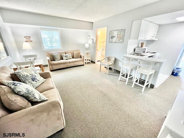 living room featuring carpet floors and a textured ceiling