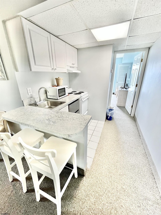 kitchen featuring light countertops, white appliances, a sink, and under cabinet range hood