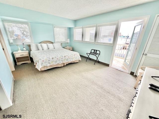 carpeted bedroom featuring a textured ceiling, baseboards, and access to exterior