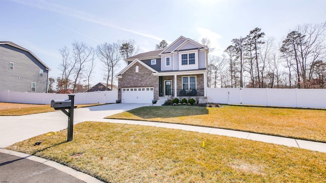 view of front facade featuring concrete driveway, a front lawn, an attached garage, and fence