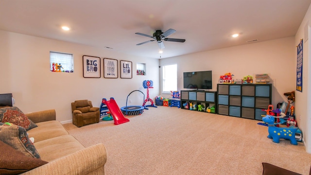 playroom with recessed lighting, carpet flooring, ceiling fan, and visible vents