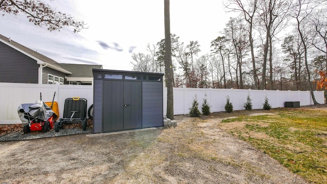 view of shed with a fenced backyard