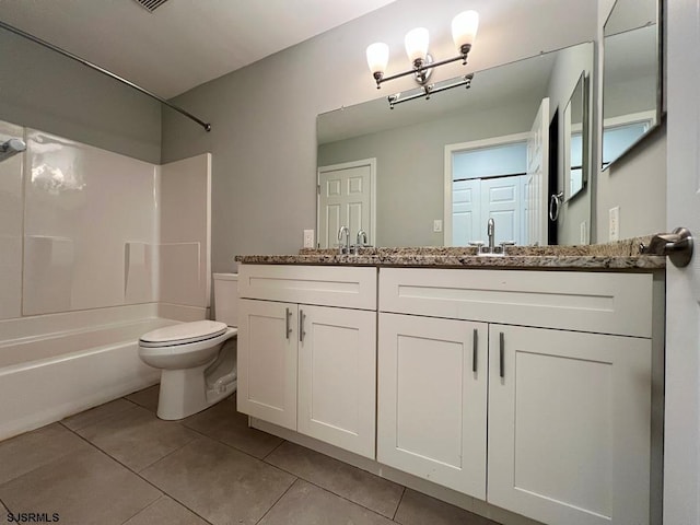 bathroom featuring tile patterned flooring, toilet, shower / bath combination, a sink, and double vanity