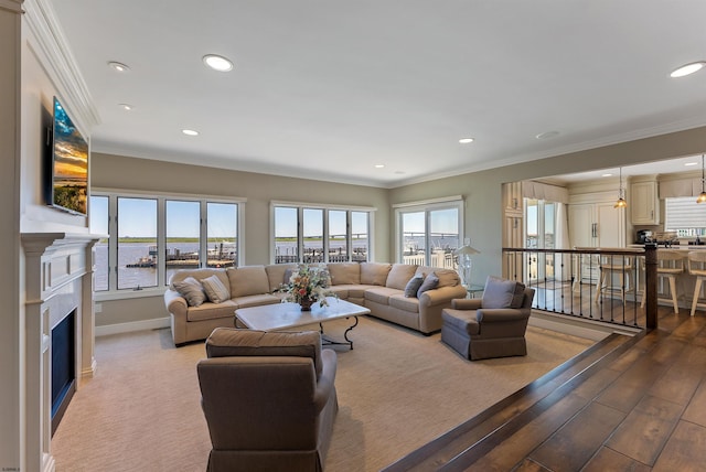 living area featuring a fireplace, baseboards, crown molding, and wood finished floors