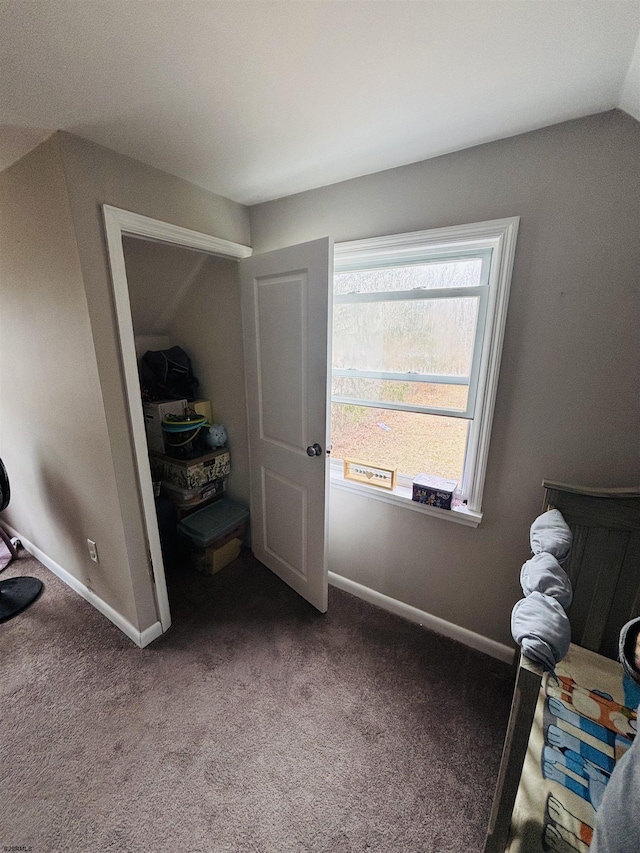 bedroom featuring lofted ceiling, carpet, and baseboards