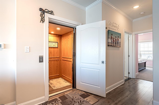 hallway featuring baseboards, dark wood-type flooring, crown molding, and recessed lighting