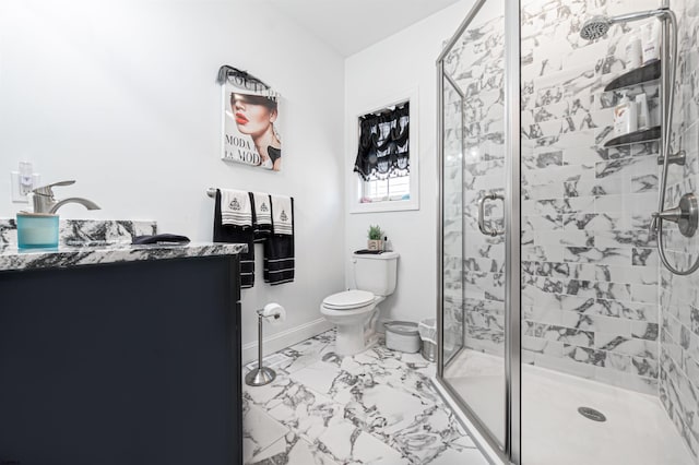 full bath with a stall shower, marble finish floor, and toilet