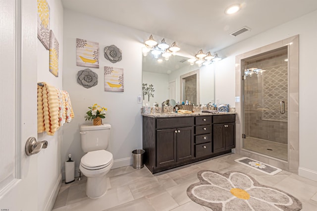 full bath with double vanity, visible vents, toilet, a stall shower, and baseboards