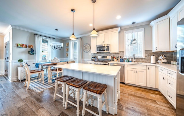 kitchen with appliances with stainless steel finishes, a wainscoted wall, crown molding, and a sink