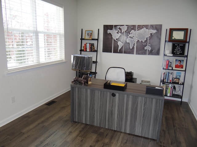 home office featuring baseboards, visible vents, and dark wood-style flooring