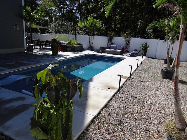 view of swimming pool featuring a fenced in pool, a patio area, outdoor lounge area, and a fenced backyard