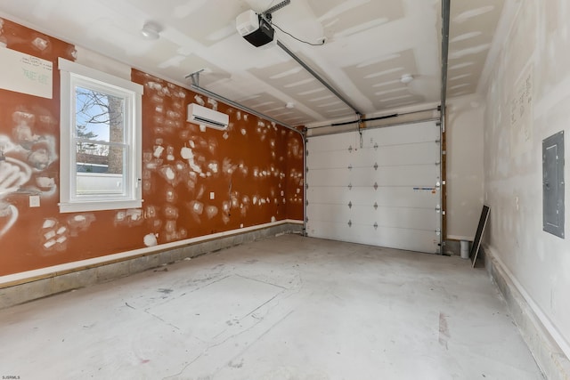 garage with a garage door opener, electric panel, and a wall mounted AC