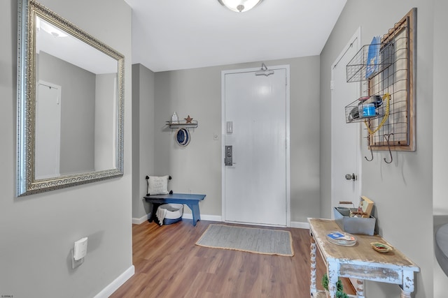 foyer with baseboards and wood finished floors