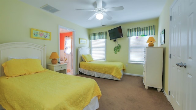 bedroom with a ceiling fan, carpet, visible vents, and baseboards