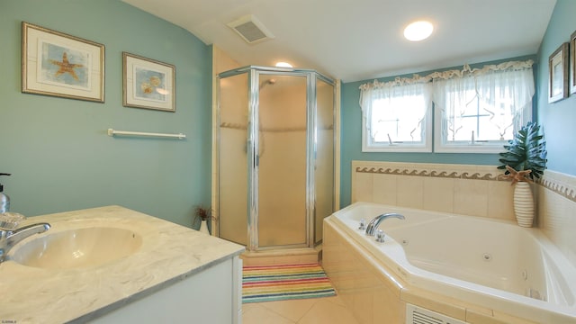 bathroom with a stall shower, visible vents, a whirlpool tub, tile patterned flooring, and vanity