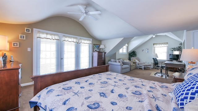 bedroom featuring carpet floors, vaulted ceiling, and baseboards