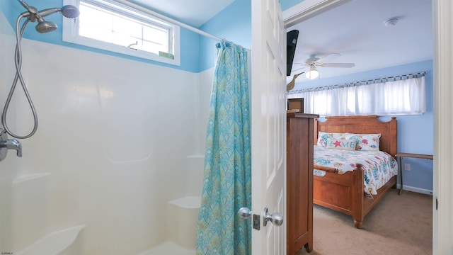 bedroom featuring light carpet