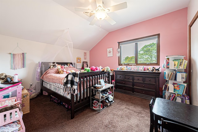 carpeted bedroom featuring vaulted ceiling and a ceiling fan