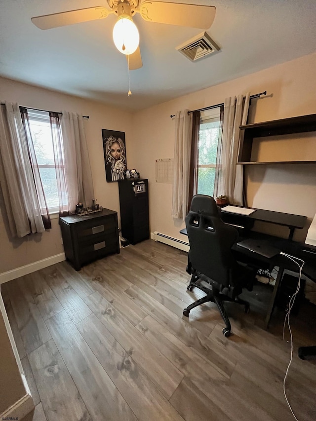 home office featuring a wealth of natural light, a baseboard radiator, wood finished floors, and visible vents