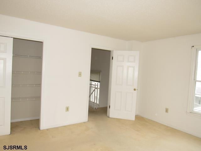 unfurnished bedroom featuring a closet, light colored carpet, and a spacious closet