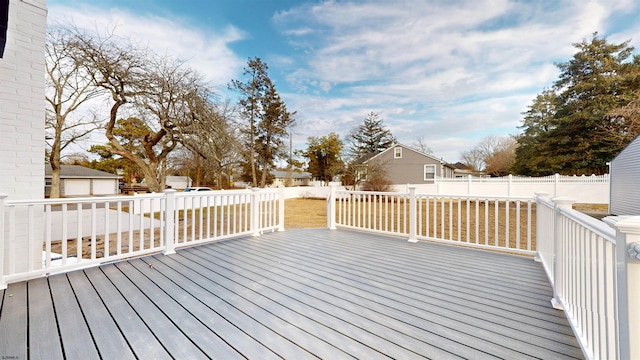 wooden deck with a fenced backyard