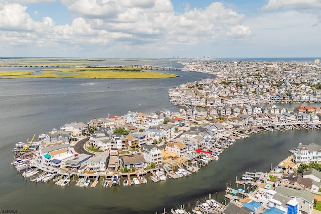 bird's eye view with a water view