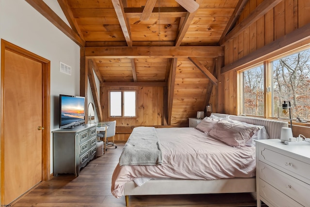 bedroom featuring lofted ceiling with beams, wooden ceiling, wooden walls, visible vents, and dark wood finished floors