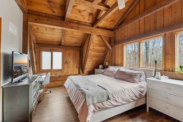 bedroom featuring visible vents, dark wood-style floors, wood ceiling, vaulted ceiling with beams, and wood walls