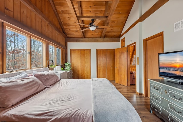 bedroom with lofted ceiling with beams, visible vents, two closets, wood ceiling, and dark wood finished floors