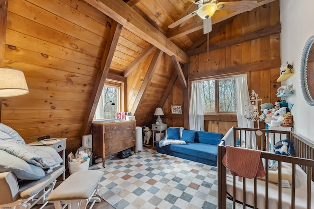 bedroom featuring wood ceiling, vaulted ceiling with beams, and wooden walls