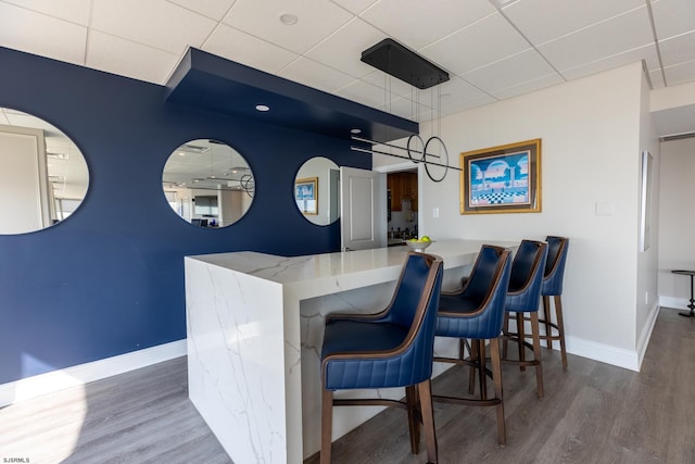 bar featuring a paneled ceiling, baseboards, and wood finished floors