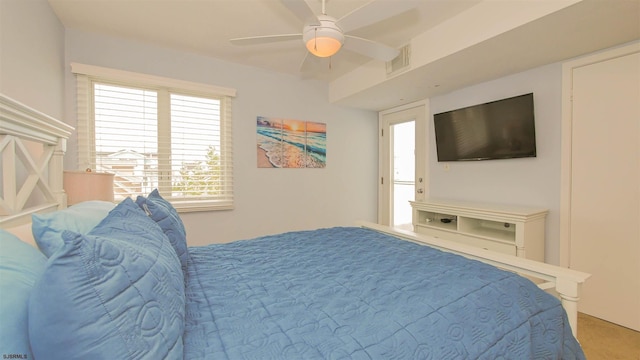 bedroom with ceiling fan and visible vents