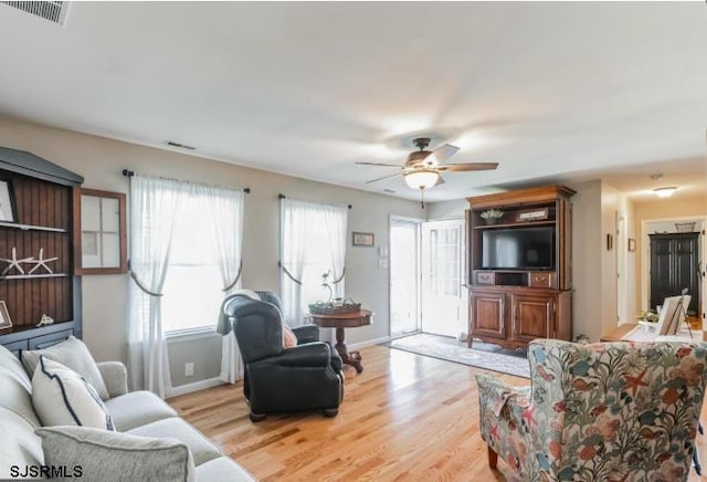 living area featuring a ceiling fan, light wood-type flooring, visible vents, and baseboards