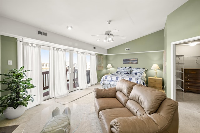 bedroom featuring ceiling fan, visible vents, vaulted ceiling, access to outside, and carpet